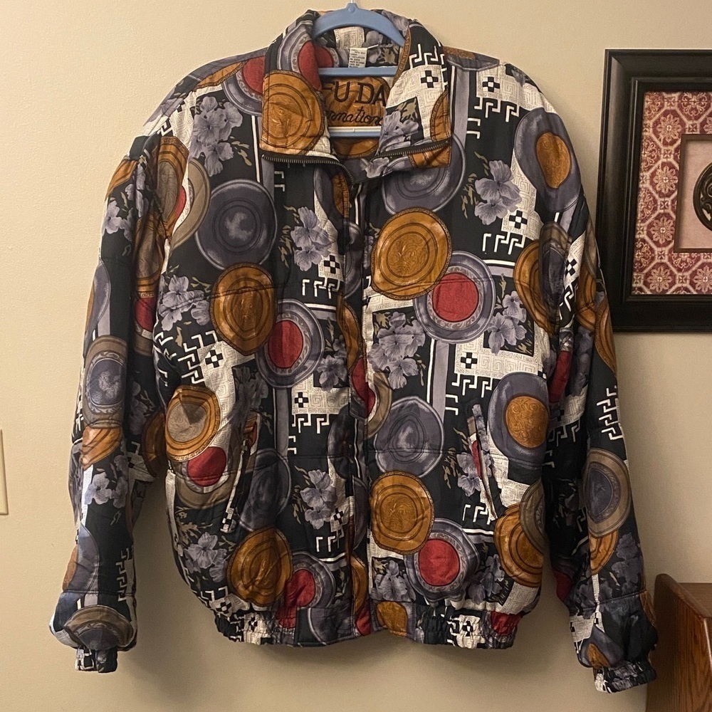 Fuda Silk Vintage Colorful Geometric women’s bomber Jacket